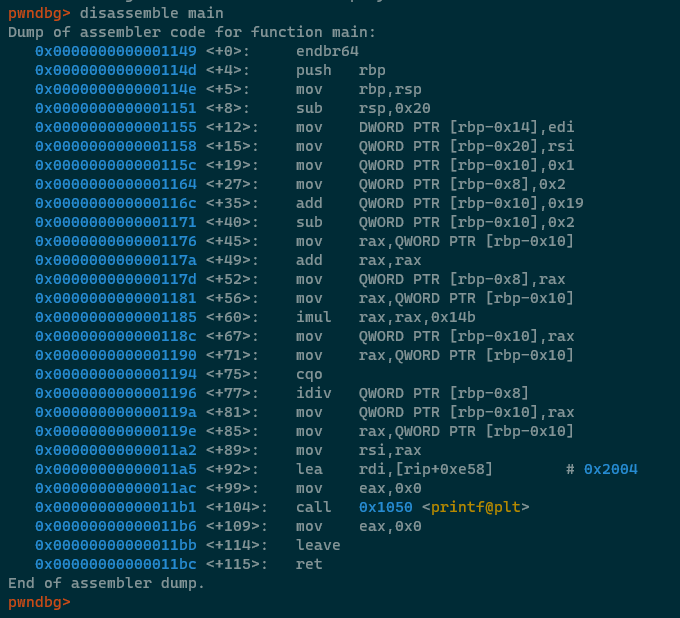 The assembly code of the main method of the challenge binary